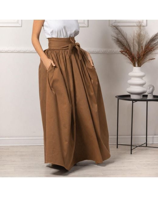 Nikka Place Brown Long Pleated High Waisted Skirt With Bow And Pockets