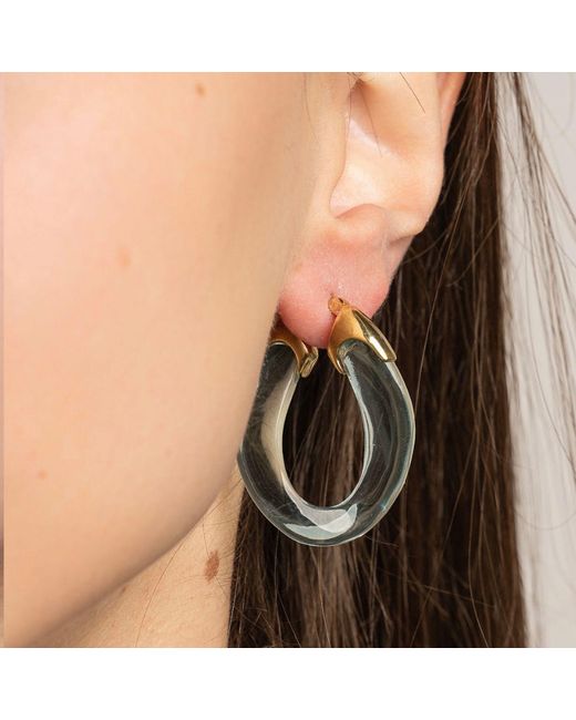 Gold & Honey Blue Diamond Curb Link Lucite Birthstone Hoop Earrings