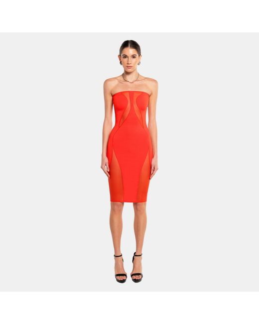 OW Collection Red Swirl Tube Dress With Sheer Material