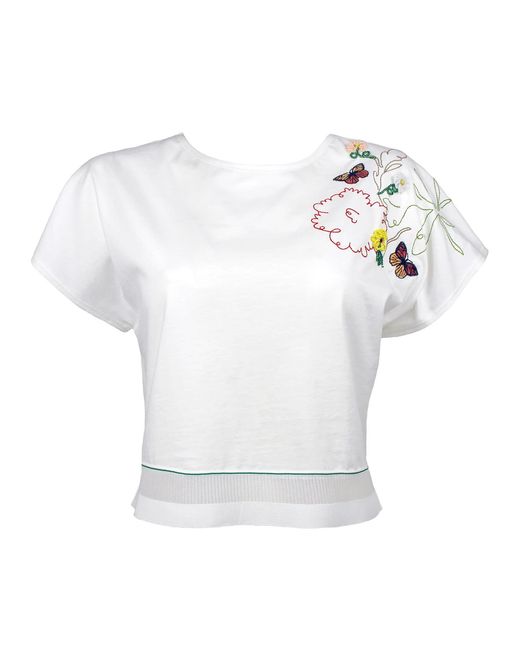Lalipop Design White Embroidered Cropped Cotton T-Shirt With Hem Detailing
