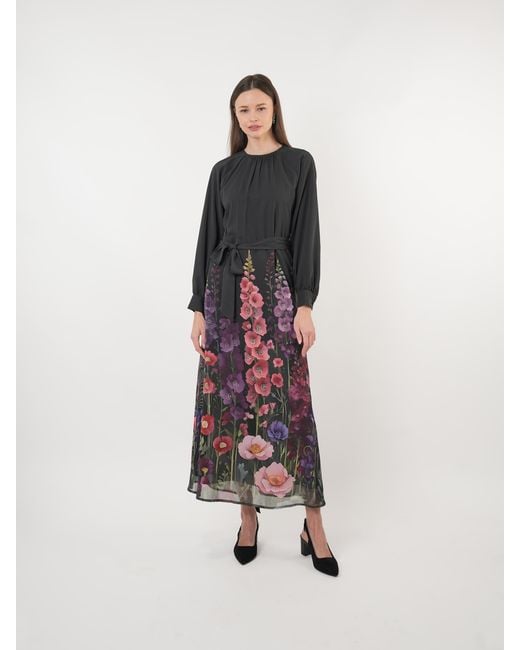John Abgin Black Chiffon Floral Placement Print Maxi Dress
