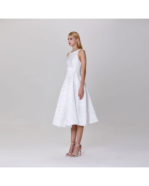 Smart and Joy White Fit-And-Flare Collar Trim Textured Jacquard Dress