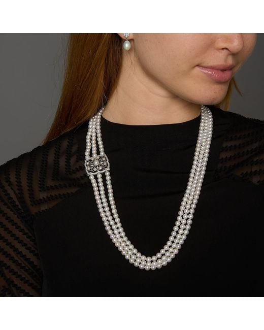 Pearls of the Orient Online White Gratia Triple Strand Cultured Freshwater Pearl Loop Necklace With Art Deco Style Feature