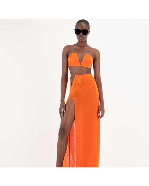Úchè Orange Deep V High Slit Skirt With Matching Deep V Tube Top Set