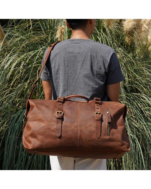 Touri Brown Zip Detail Genuine Leather Holdall for men