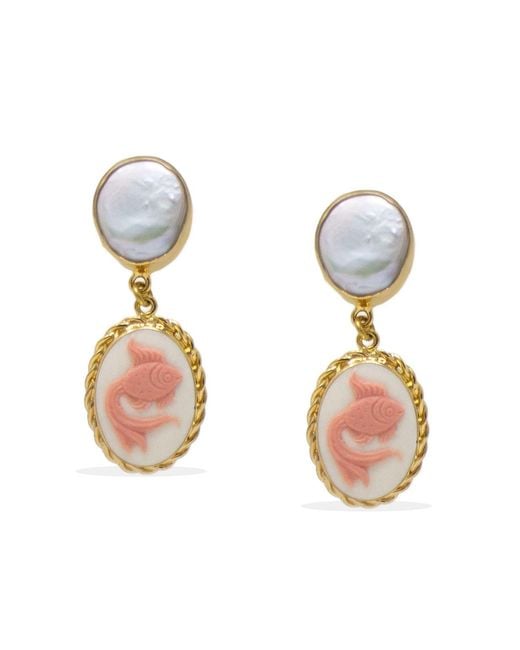 Vintouch Italy Metallic Goldfish Cameo Earrings With Pearls