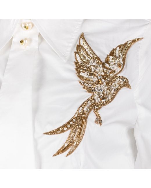 House of Laines London White Laines Couture Tie Shirt With Embellished Bird Of Paradise