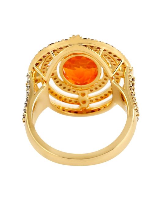 Artisan Metallic 18k Yellow Gold Opal Fire Garnet Mandarin Diamond Designer Cocktail Ring