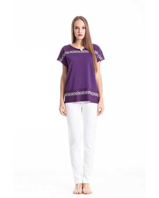 Conquista Purple Oriental Print Detail Top