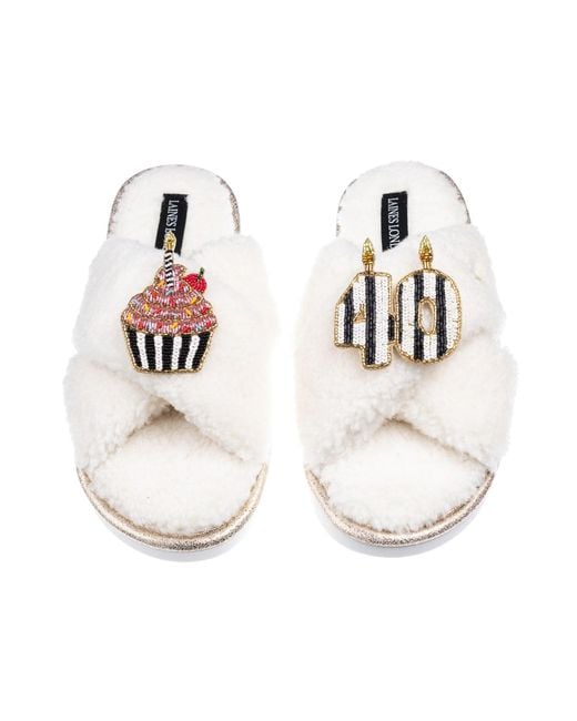 Laines London White Neutrals Laines Neutral Boucle Slippers With Stripe 40Th Birthday & Cake Brooches
