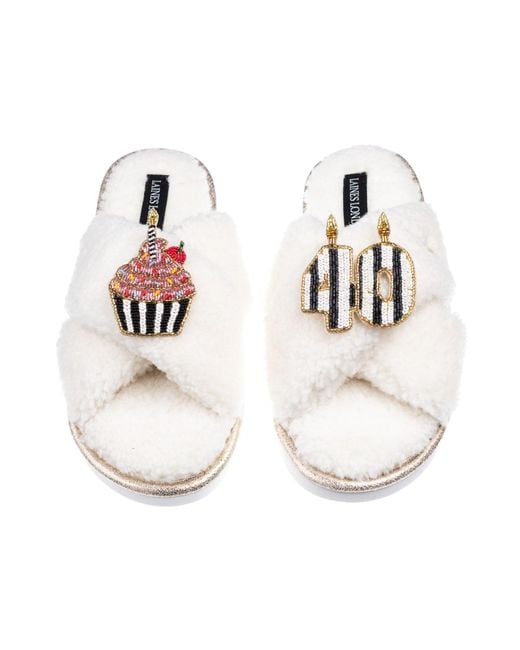 Laines London White Neutrals Laines Neutral Boucle Slippers With Stripe 40Th Birthday & Cake Brooches