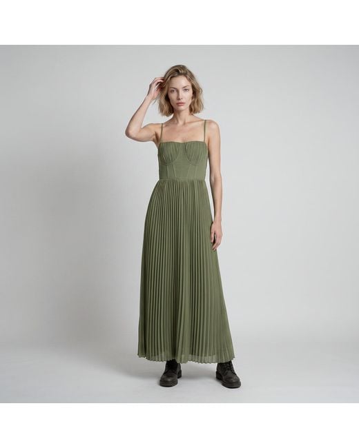 Modenaire Green Pleated Bustier Maxi Dress With Adjustable Straps And Smocked Back