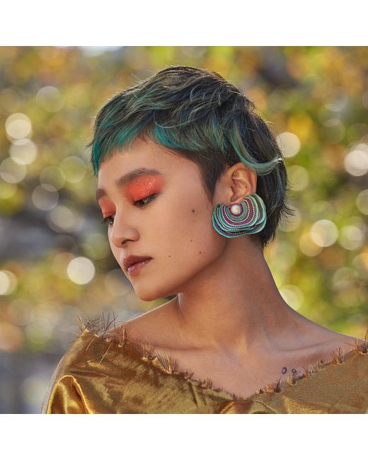 Nana Watanabe Blue Turkey Tail Layered Embroidered Earrings