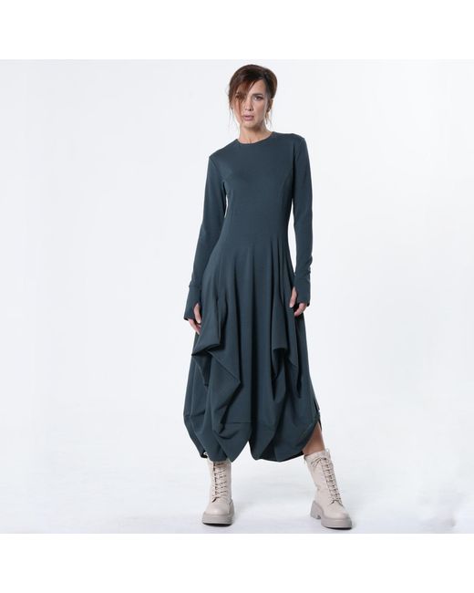 Metamorph Blue Maxi Draped Dress With Thumbhole Sleeves