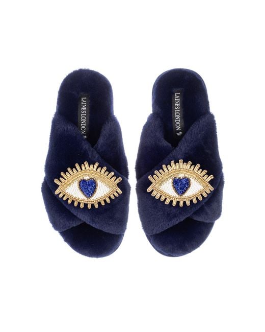 Laines London Blue Classic Laines Slippers With Double Love Eye Brooches