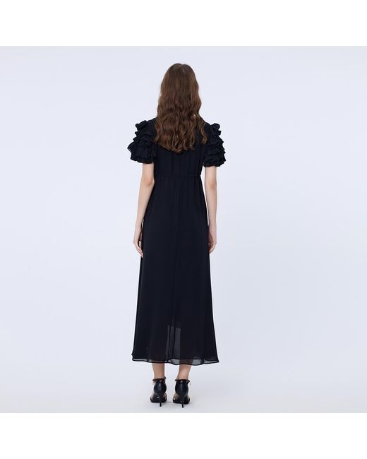 Smart and Joy Black Tiered Frills Shoulder Long Dress