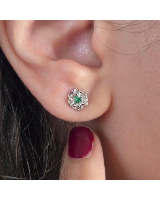 Harfi Green Emerald May Birthstone Hawthorn Birthflower Sterling Stud Earrings