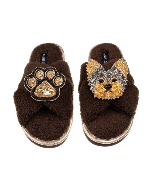 Laines London Brown Neutrals Laines Neutral Boucle Slippers With Minnie The Yorkie & Paw Brooches