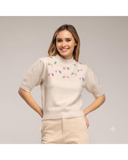 Tantra Spain Sl Natural Neutrals Short-Sleeved Sweater With Embroidered Birds
