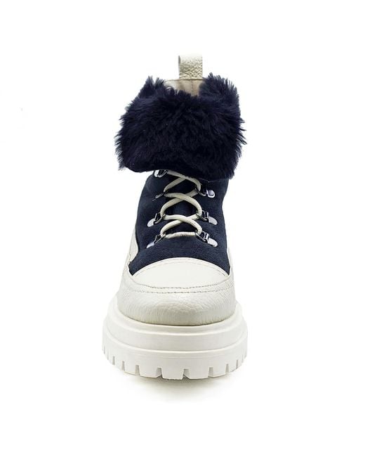 Beautiisoles by Robyn Shreiber Made in Italy Blue Francy Leather & Faux Fur Comfortable Hiking Ankle Bootie