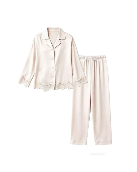 Silkinc White Romantic Lace Patchwork Long Pajamas