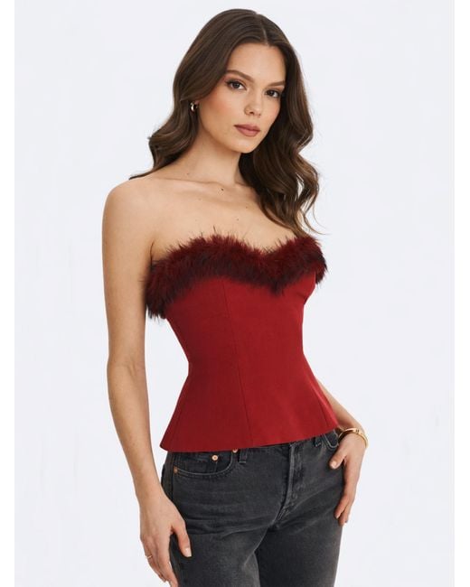 Miss Circle New York Red Ivette Crimson Fur-Trimmed Peplum Top