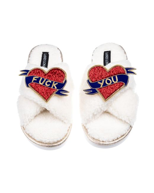 Laines London Red Neutrals Laines Neutral Boucle Slippers With Fuck You Brooches