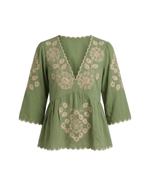 Raffya Green Aubrey V-Neck Embroidered Blouse