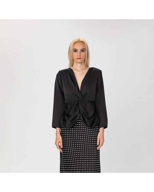 Smart and Joy Black Satin Blouse With Twisted Bow – Long Sleeves