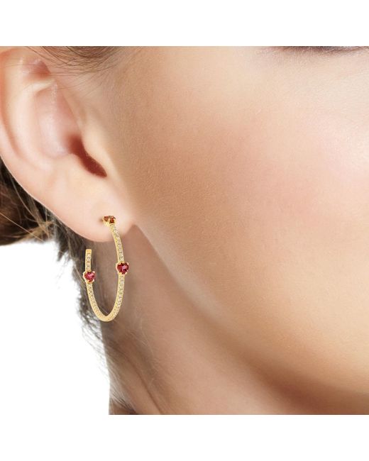 Artisan Metallic 14k Yellow Gold Pave Diamond Pink Tourmaline Hoop Earrings Handmade Jewelry