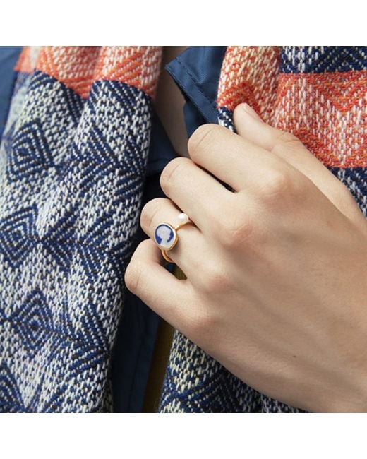 Vintouch Italy Blue Plated Mini Cameo Ring With A Pearl