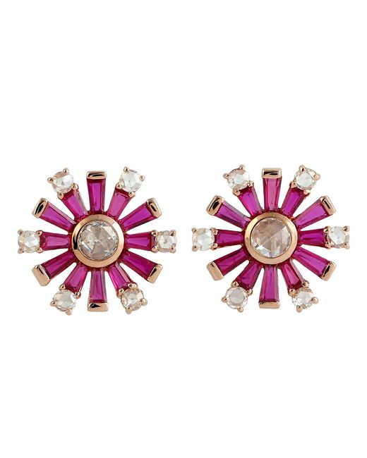 Artisan Pink Ruby & Diamond Sunburst Stud Earrings