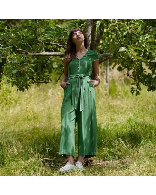 Louche Green Marleen Blanket Stitch Linen Mix Jumpsuit