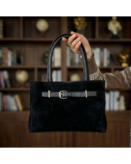 Harmain Leathers Ltd Black The Suede East-West Buckle Tote Bag – Onyx