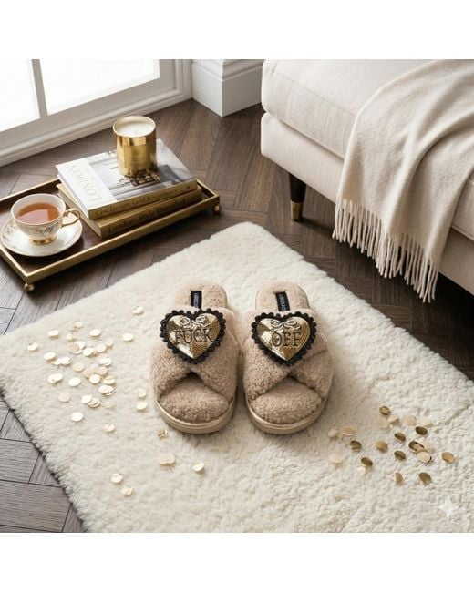 Laines London Natural Neutrals Neutral Boucle Slippers With & Fuck Off Brooches