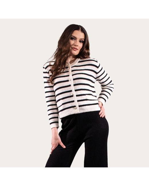 Chanel Joan Elkayam Black Neutrals Wool Blend Knitted Striped Cardigan