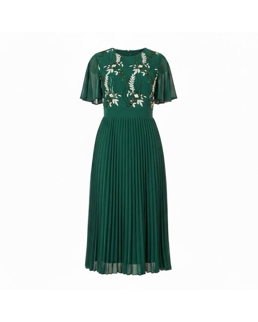 Yumi' Green Sequin Embroidered Pleated Midi Dress
