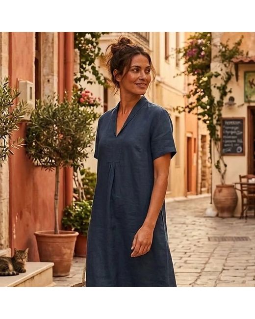 NoLoGo-chic Blue Elodie Short Sleeve Midi Dress Linen