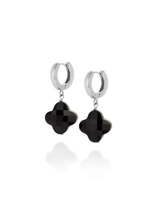 Nellou Jewellery Black Clover Gem Hoop Earrings Agate Sterling