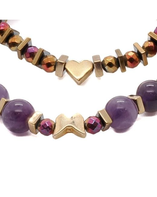 Ebru Jewelry Multicolor Butterfly & Heart Charm Amethyst Beaded Bracelet Set