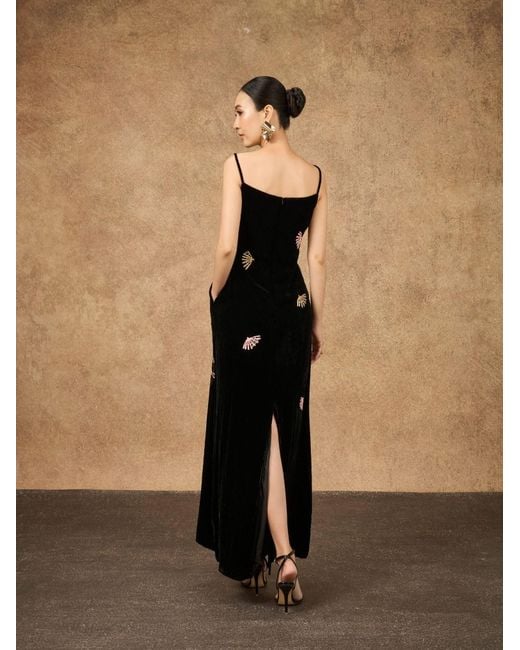 Silk and Bears Black Hand-Embroidered Silk Velvet Bias Slip Maxi Dress — Fan Motif — Velvet Atelier