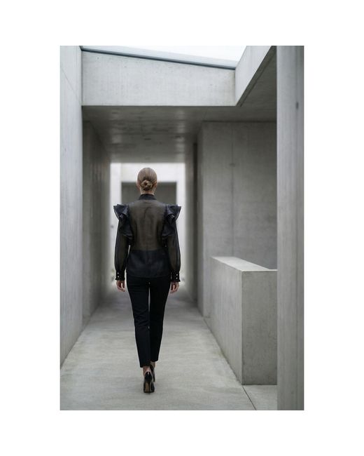 Modenaire Black Sheer Ruffle Blouse With Statement Bow