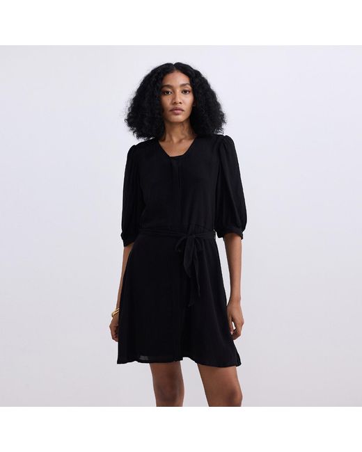 REISTOR Black Short Crepe Dress With A Waist-Tie