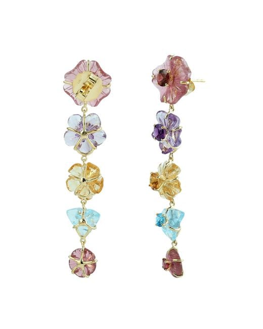 Artisan Pink Mixed Gemstone Carved Flower Drop Earrings
