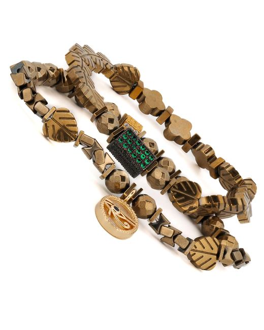 Ebru Jewelry Metallic Eye Of Ra Charm Gold Hematite Stone Beaded Bracelet Set