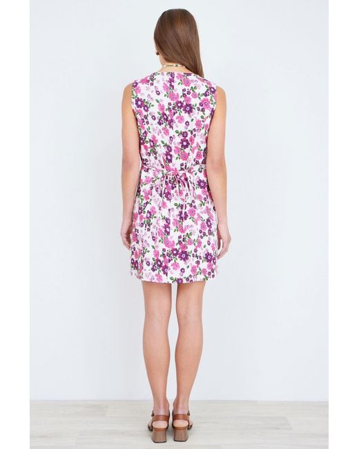 Yumi' Purple Retro Floral Cotton Stretch Pinafore Dress