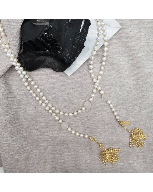 Farra Metallic Freshwater Pearl And Agate With Tassel Open End Long Necklace