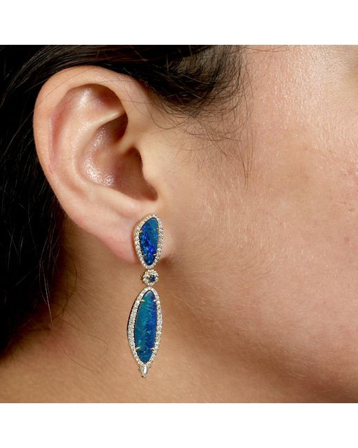 Artisan 18k Yellow Gold Opal Doublet Blue Sapphire Pave Diamond Drop Dangle Earrings Jewelry