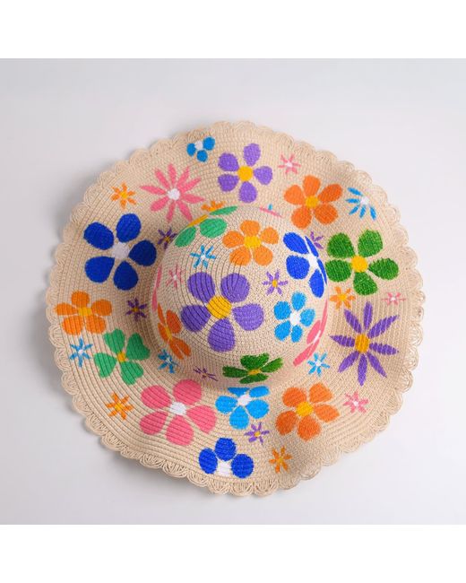 Heartfelt Layers Blue Hand Painted Floral Straw Sun Hat – Colorful Flower Summer Beach Headwear