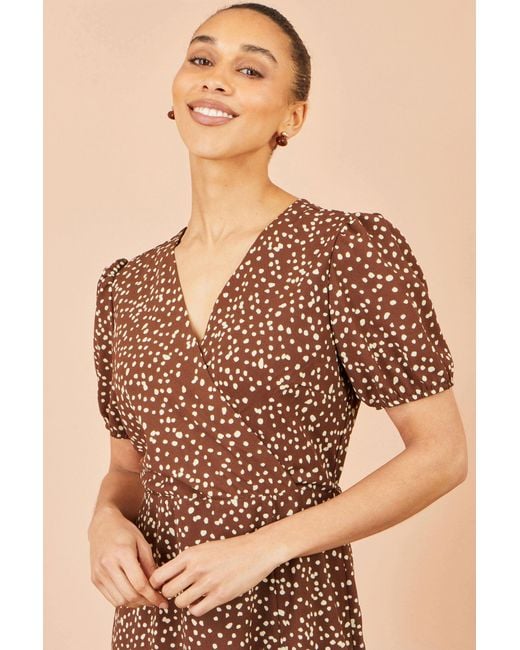 Yumi' Brown Spot Midi Dress With Split Hemline